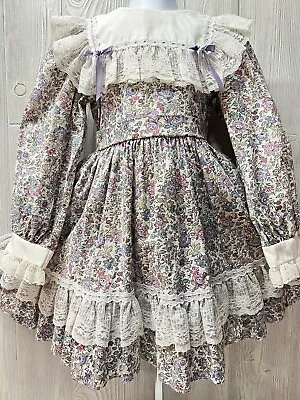 Vtg Mini World Floral Prairie Dress Puff Sleeve 5/6? Lace Ruffle Cottagecore - Image 1 of 4