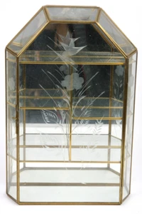 Vtg Mirrored Etched Flower Glass and Brass Curio Cabinet Display Case Shelf   - Picture 1 of 13