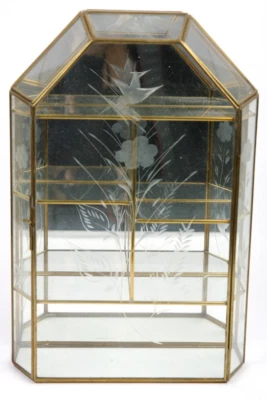 Vtg Mirrored Etched Flower Glass and Brass Curio Cabinet Display Case Shelf   - Image 1 of 4