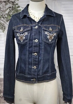 CLASH женщин синий джинсовой ткани вышитый акцент водитель грузовика Jean куртка Sz. Маленький б/у - Изображение 1 из 4