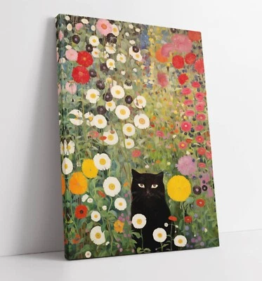GUSTAV KLIMT FLUFFY BLACK CAT AMONGST FLOWERS -DEEP FRAMED CANVAS WALL ART PRINT - Image 1 of 2