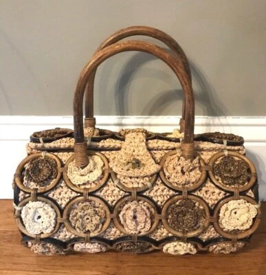 Bolso de mano Walborg vintage tejido de paja asas de madera de ratán caja redonda bolso de mano Foto 1 de 4