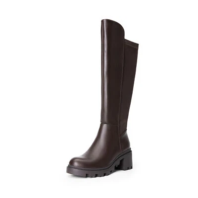 Women Stretch Keen High Riding Boots Side Zipper Chunky Heel Combat Boots - Image 1 of 4