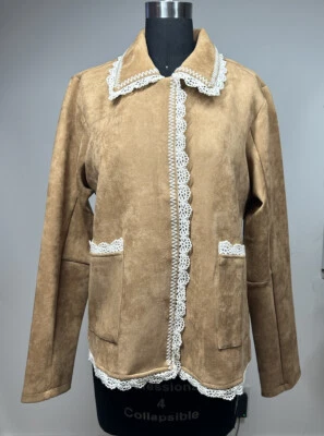 Chaqueta Mystree para mujer talla M imitación gamuza ganchillo adornos abotonada marrón nueva sin etiquetas Foto 1 de 4