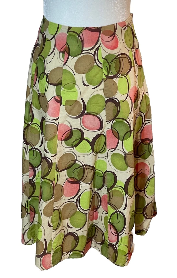 Falda de algodón Allison Taylor talla 8 look retro - verde rosa tostado marrón círculos línea A Foto 1 de 4