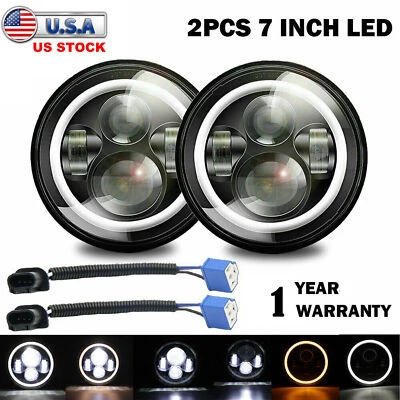 1 Pair Round LED Headlights Halo Angle Eyes 7 Inch For Jeep Wrangler JK LJ TJ CJ - Image 1 of 4