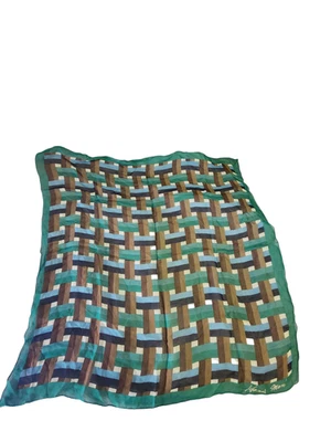 100 Seda, Hanae Mori, Bufanda, Geométrica, Verde Marrón Hecha en Japón Foto 1 de 4