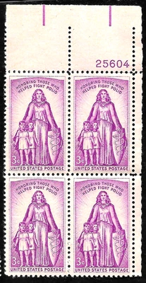 POLIO 1957 US #1087 HONORING THE ALLEGORY OF POLIO FIGHTERS 3c STAMP PLATE BLOCK - Image 1 of 2