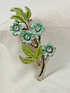Brooch Pin Blue Green Enamel Flowers Silver Tone Crystal Center - Picture 1 of 4