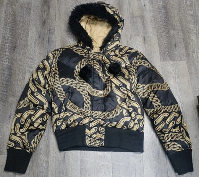 Vintage Y2K Rocawear Down Filled Puffer Jacket  with Fur Hood Chain Print XL  - Image 1 of 4