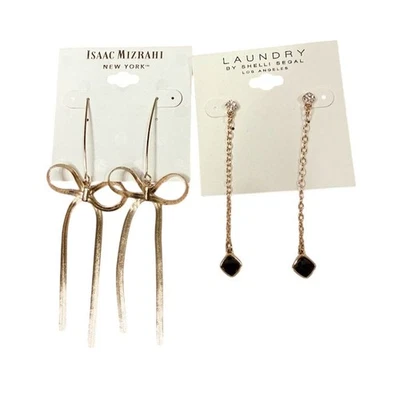 Isaac Mizrahi Gold 2 pair Earrings Black Stone Bow Chain Nickel Free gift lot - Image 1 of 4