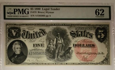 1880 PMG CU 62 $5 LEGAL TENDER Sig COMBO BRUCE-WYMAN Fr # 73 Serial A1565805 - Image 1 of 4