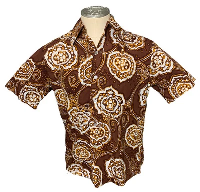 KAHALA Vintage 70s Men's Hawaiian Brown + Gold Print SS Cotton Shirt - Sz L - Image 1 of 4