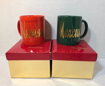 Neiman Marcus Coffee Mug Spelled Out Tea Cocoa Cup Red Green Gold Lot of 2 - Image 1 of 4