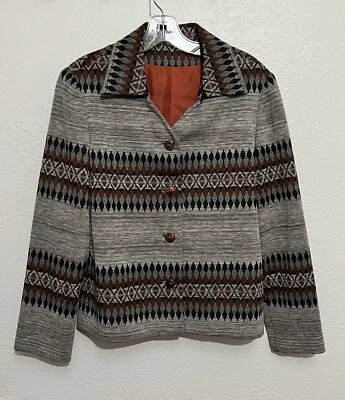 Chaqueta para mujer años 70 talla 14 estampado geométrico botones de madera de teca cuello Lagenlook  Foto 1 de 4