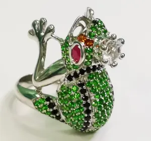 Amazing Frog King With Crown Green Emerald, Sapphire, Citrine & White CZ Ring - Picture 1 of 7