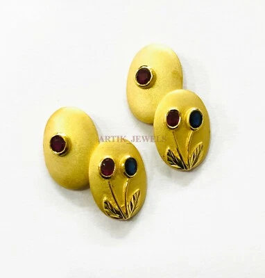 Heated Ruby & Heated Sapphire Gemstone 18k Gold Plated Silver Cufflink #2534 - Image 1 of 3