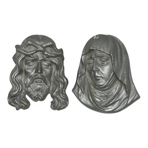2 Vintage Silver Chalkware Head Bust of Jesus W/ Crown Of Thorns & Virgin Mary - Picture 1 of 8