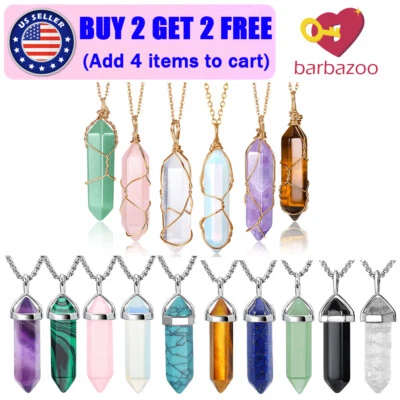 Ожерелье с подвеской в виде кристалла исцеляющая энергия обернутая проволокой шестиугольный камень сделано в США - Изображение 1 из 4