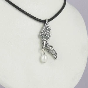 .925 Silver Angel Pendant Necklace W Pearl Drop OR Amethyst Bead Leather Cord - Picture 1 of 2