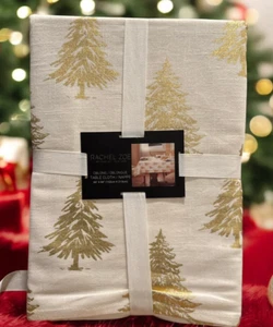 Rachel Zoe Christmas Gold Shimmer Evergreen Trees 60x84 Tablecloth Holidays NEW - Picture 1 of 3