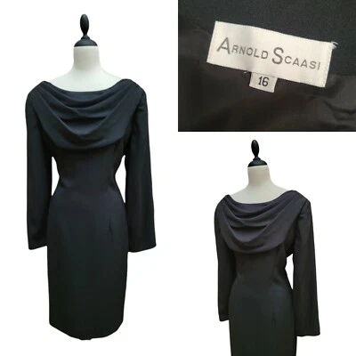 Vestido de Colección Años 80/90 Deadstock Con Etiquetas Arnold Scaasi Negro Seda Cortina Cuello Talla 16 Foto 1 de 4