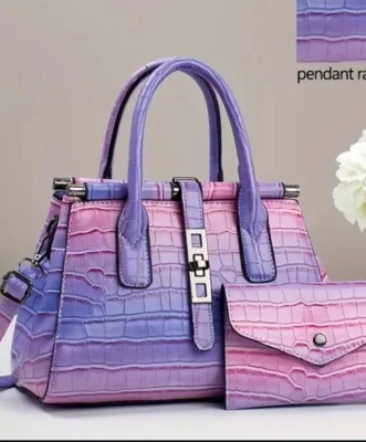 Purse Bag Duo: Purple Pink Ombré Pleather Zip Textured Button Drop Wallet Small - Image 1 of 4