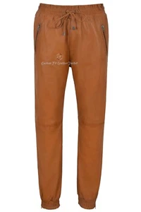 Men's Real Leather Trousers Tan Napa Sweat Track Pant Zip Jogging Bottom 3040 - Picture 1 of 8