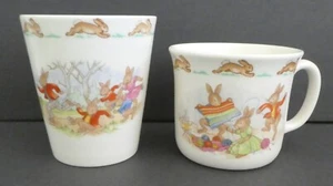 BUNNYKINS Royal Doulton Tumbler & Mug Unraveling Knitting & Skating Bone China - Picture 1 of 13