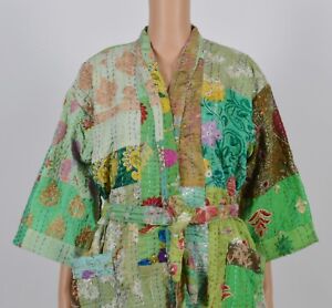 Patchwork Cotton Kantha Kimono Short Jacket Women Night Wear Dress Bathrobe