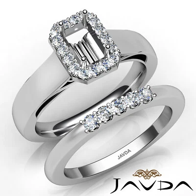 French U Cut Pave Emerald Diamond Engagement Semi Mount Ring Bridal Set 0.45Ct - Image 1 of 4