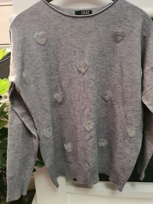 Quiz. Grey Soft Touch Sweater, Jumper Heart Design. Size Sml (10/12) - Image 1 of 4