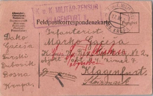 Yugoslavia Free Military Mail 1916 K.u.K. Milit. Post, Bos. Krupa  [Bosnia] Feld - Picture 1 of 1