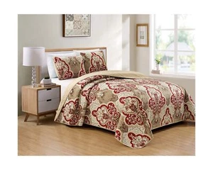 Kids Zone Home Linen Bedspread Set Damask Pattern Taupe Burgundy Brown New (K... - Picture 1 of 3