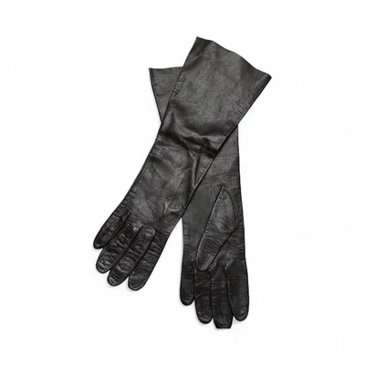 Vintage 1950s Dark Brown Black Elbow Length Leather Opera Gloves Size 7.5 - Image 1 of 4