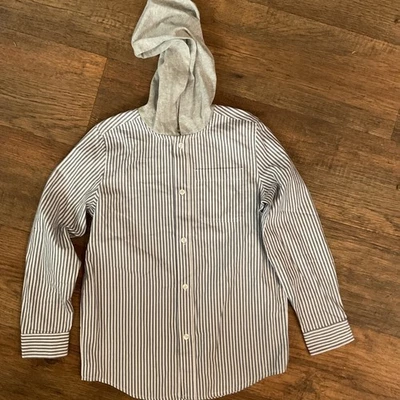 Lucky Brand Boys Hooded Woven Button Shirt Size L 10/12 Grey/ White Striped - Image 1 of 2