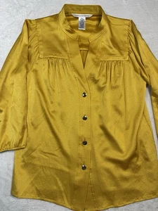 DIANE Von Furstenberg Silk Antique Gold Pleated Top W/Mandrain Collar Holiday - Picture 1 of 7