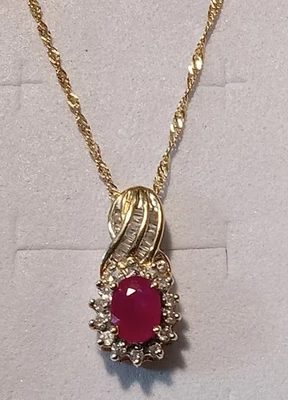 10 K Yellow Gold Diamond Baguette & Ruby Halo Pendant Necklace 20" Gold Chain - Image 1 of 4