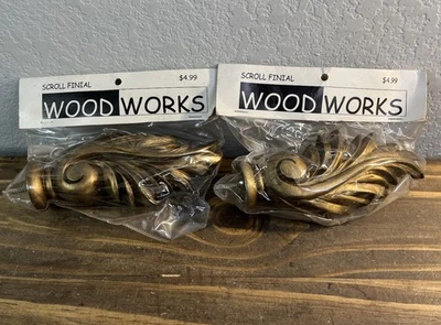 Lote de 2 tapas de extremo de barra de cortina dorada antigua grande con acabado de pergamino Wood Works NUEVO Foto 1 de 4