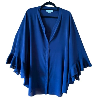 LXE Top Womens Size 12 Navy Blue Silk Oversized Ruffle Batwing Sleeve V Neck - image 1 of 4