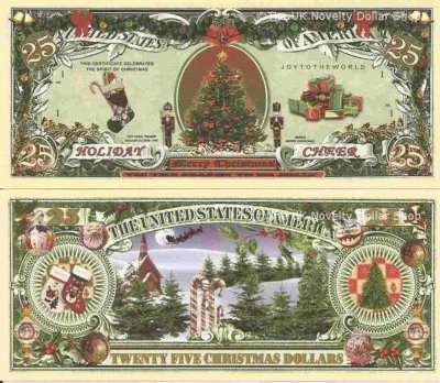 NOVELTY DOLLARS Holiday Cheer Merry Christmas Tree 25 Dollar Bills x 2 Season to be Jolly Gift