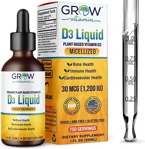 Vitamin D3 LIQUID  30mcg  Joint Support Liquid Supplement with Lichen - 1 Fl Oz - Picture 1 of 8