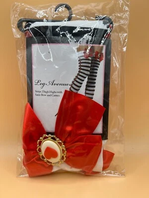 Leg Avenue Stripe Thigh Highs with Satin Bow and Cameo Queen of Hearts One Size - Image 1 of 3