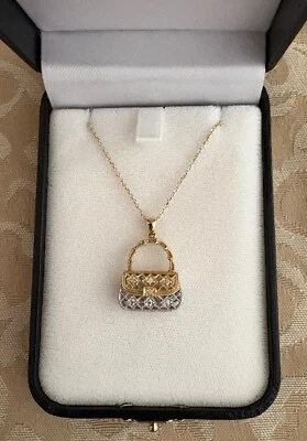 Collar de diamantes de oro y oro blanco filigrana colgante 14k Foto 1 de 4