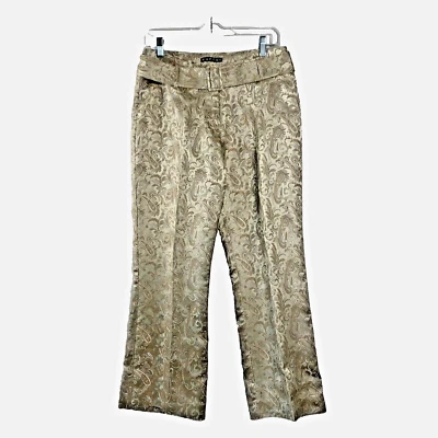 Calça feminina KAFFE tamanho 38 paisley bronzeada dourada texturizada com cinto - Imagem 1 de 4
