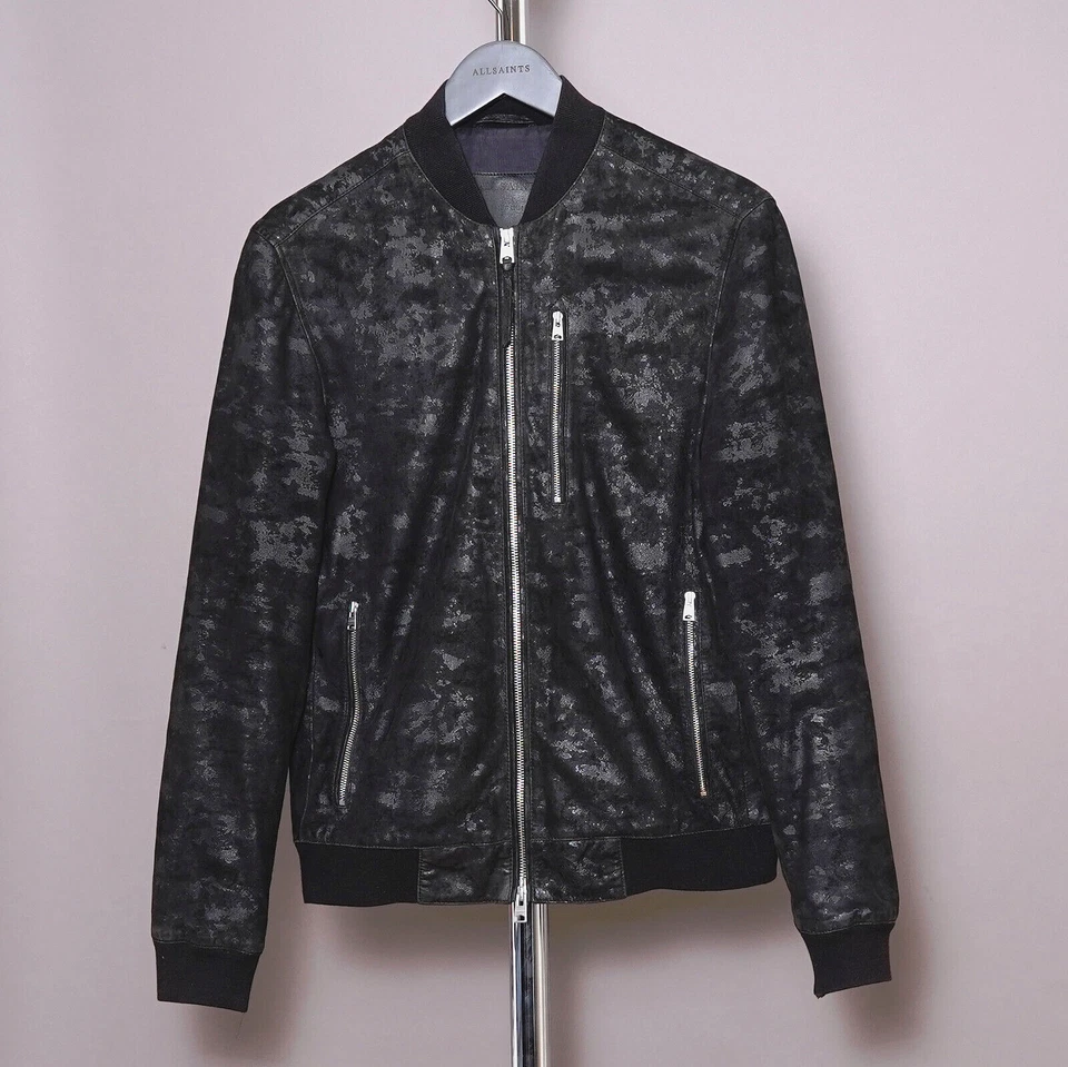 ALL SAINTS Suede Leather Jacket MEDIUM Mens Black Bomber M Camouflage Camo KIRK - Image 1 of 4