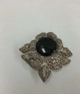 Vintage Sterling Silver Marcasite & Onyx Brooch Pendant - Picture 1 of 7