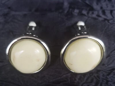 Vintage RALPH LAUREN Silver White Stone Round Button Clip-On Earrings - Image 1 of 2