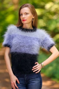 Black grey fuzzy mohair sweater summer light jumper hand knitted top SuperTanya - Picture 1 of 4
