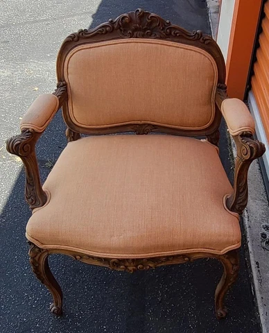 Beautiful Antique Upholstered Armchair - GORGEOUS CARVED DETAILS - VGC - COLLECT Cover